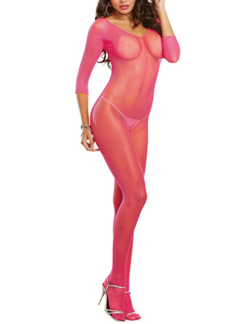 Bodystocking rose fluo résille ouvert à l'entre-jambes - DG0015HPK